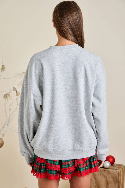 Grey Holiday Sweatshirt with Bow Christmas Lights embroidery