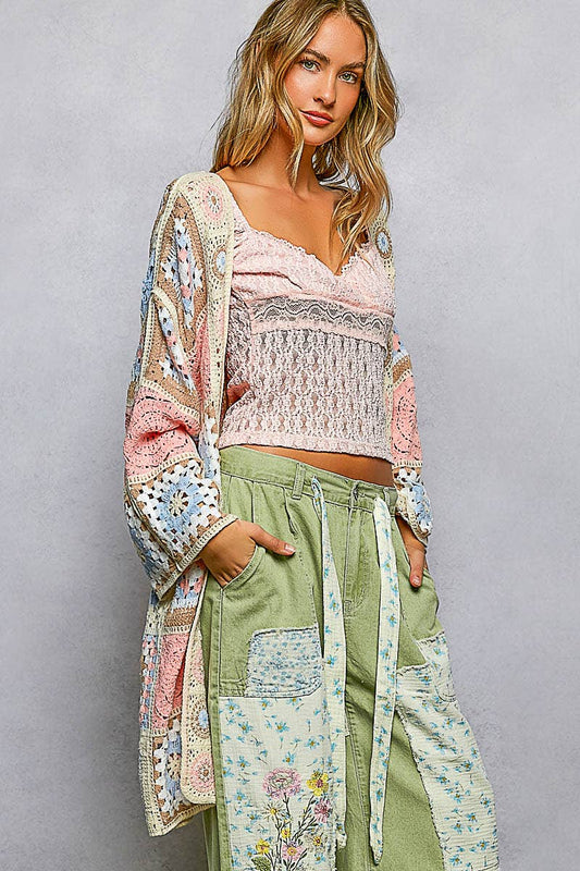 Long Sleeve Granny Square Crochet Open Cardigan-Pol Clothing One Size Fits Most