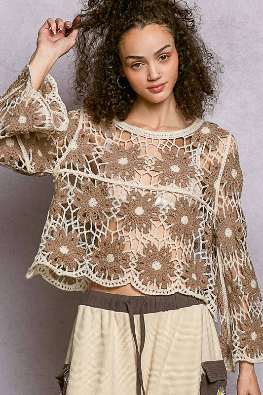 Pol Clothing - Round Neck Floral Weave Knit Long Sleeve Crochet Top