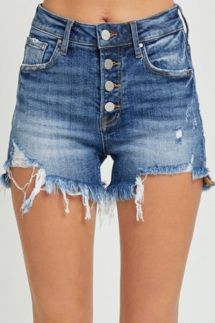 High Rise Button Down Step Side Hem Shorts