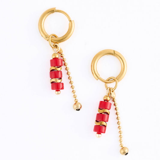 Howard's - Waterproof Earrings Hoop Red Agate Narelle Gold Beaded