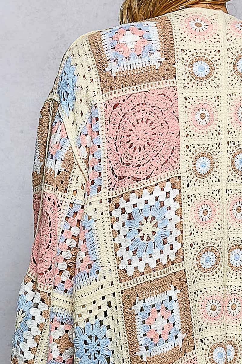 Long Sleeve Granny Square Crochet Open Cardigan-Pol Clothing One Size Fits Most