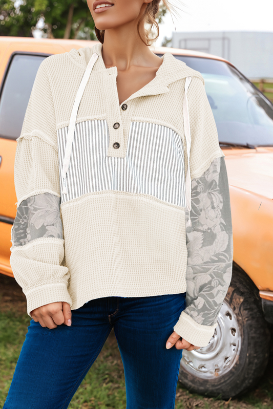 Fashion Waffle Print Patch Drawstring Hooded Long Sleeve Top