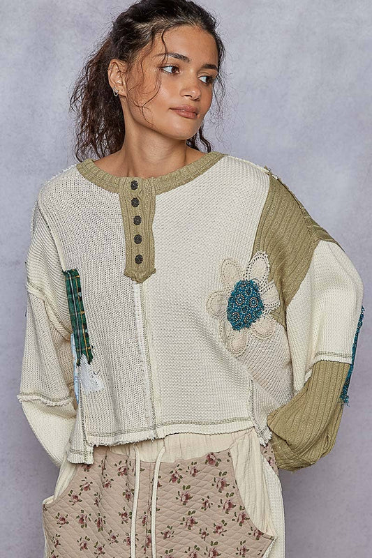 Pol Clothing - Round neck cut and sew patch oversized knit top