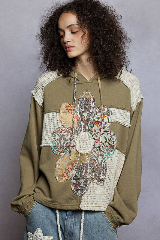 Pol Clothing - Long sleeve French terry printed flower patch knit top