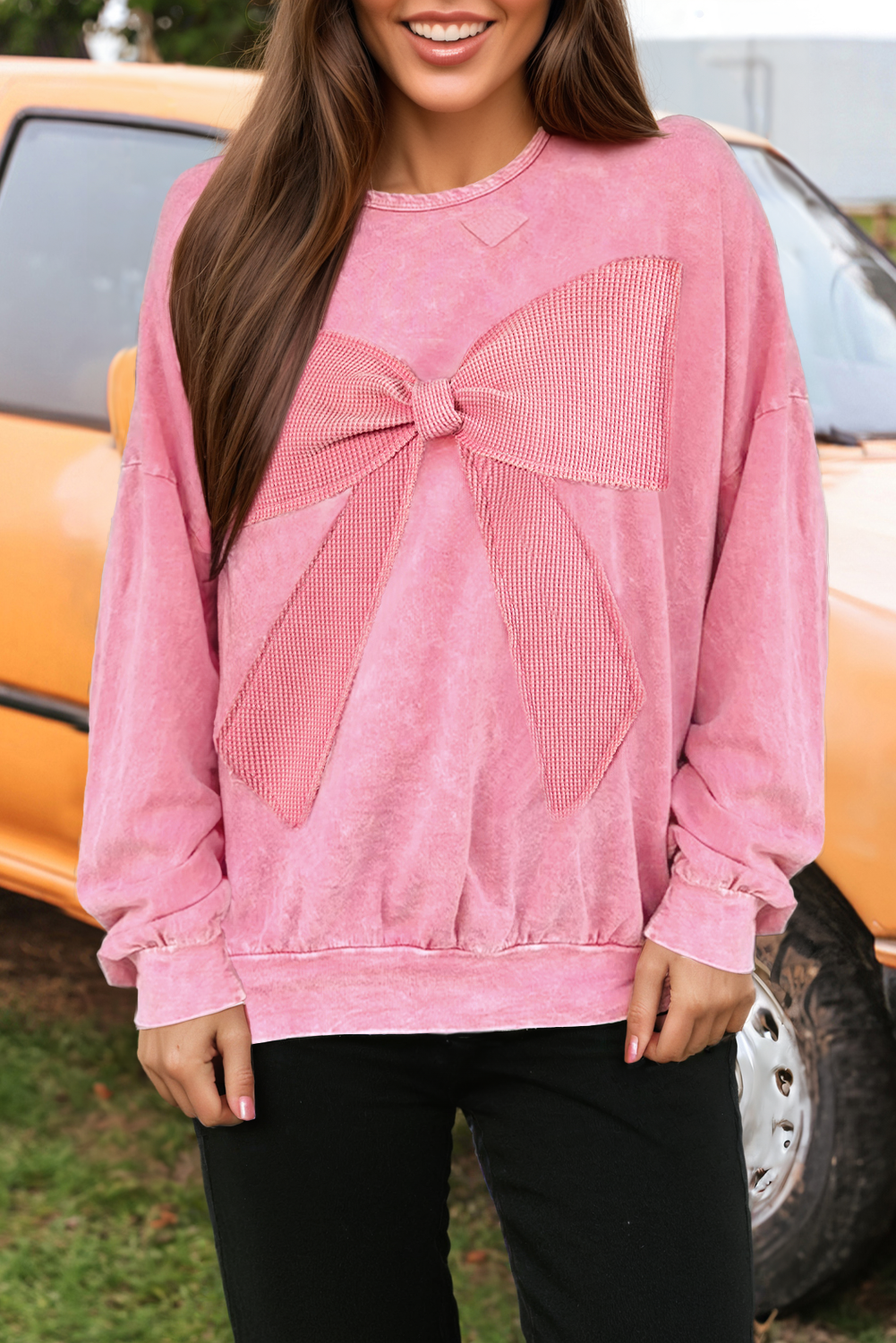 Fashion Mineral Wash Big Bow Patchwork Pullover Sweatshirt