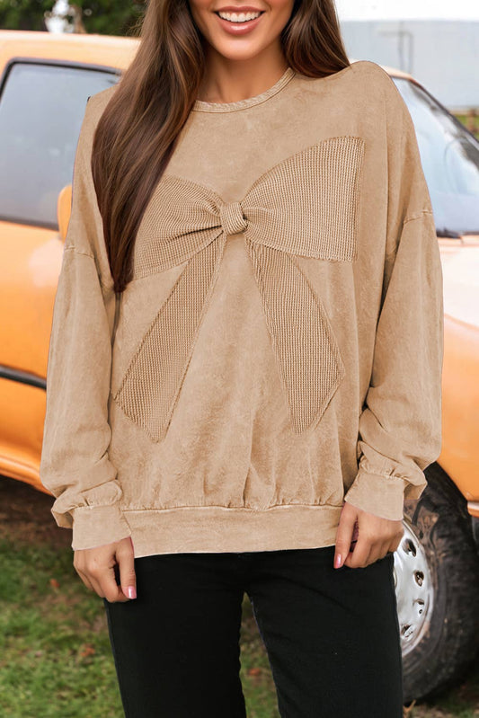 Fashion Mineral Wash Big Bow Patchwork Pullover Sweatshirt