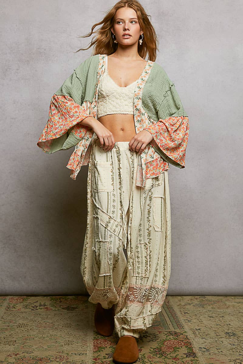 Pol Clothing - Double Gauze Floral Roomy Fit Open Cardigan with V-Back