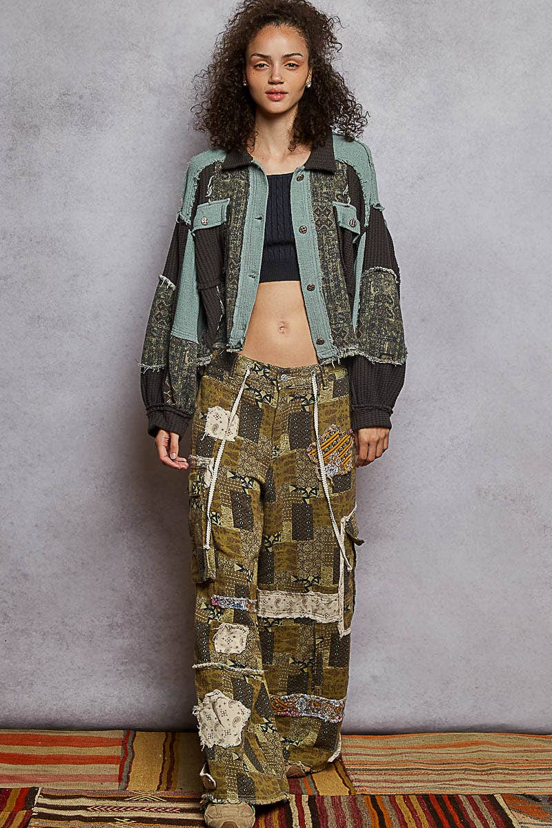 Pol Clothing - Balloon Sleeve Contrast Paisley Pattern Cropped Knit Jacket