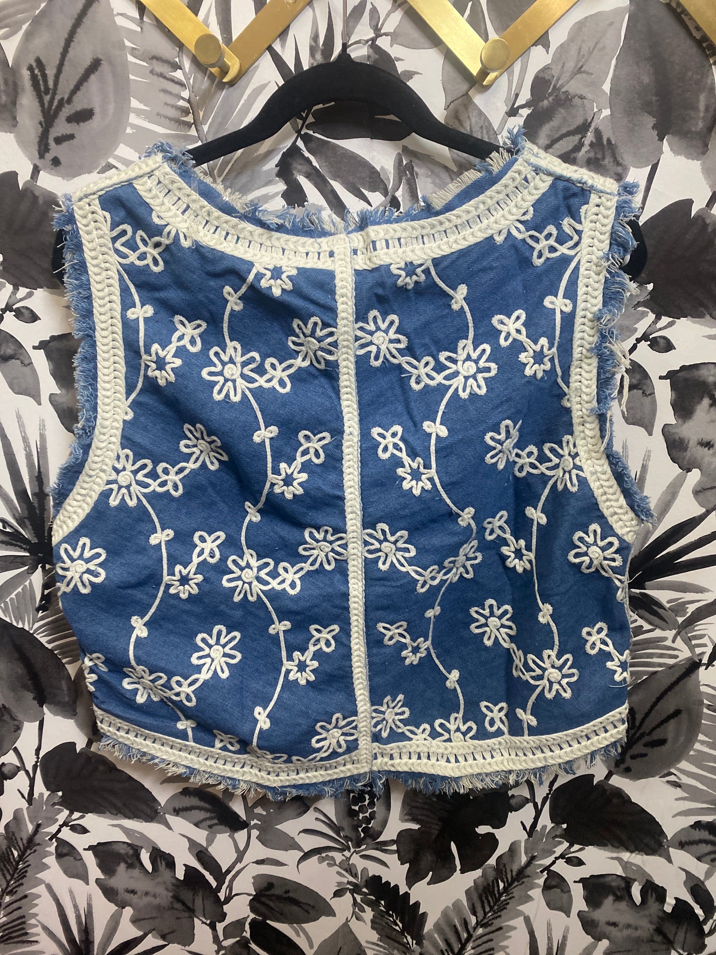 Garden Embroidered Raw Hem Denim Vest