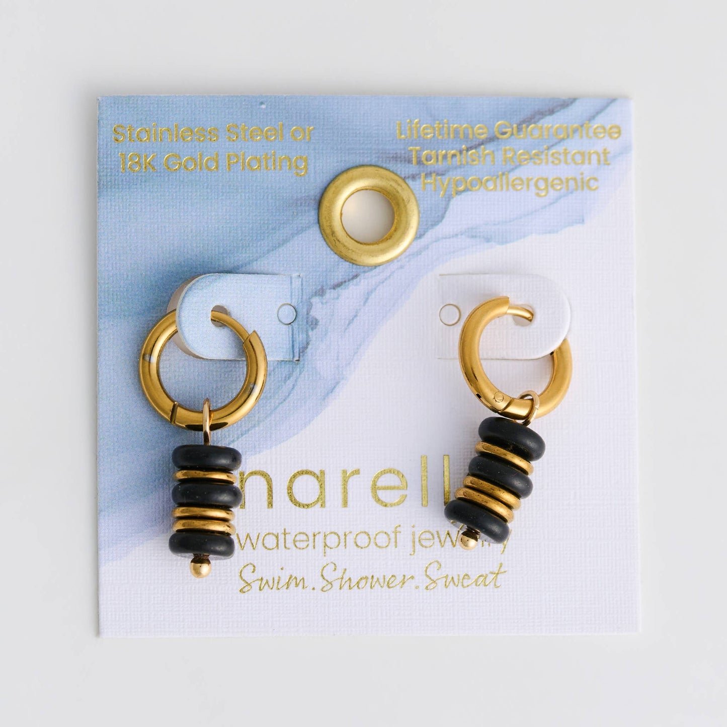 Howard's - Waterproof Earrings Black Agate Hoop Narelle Gold Disc