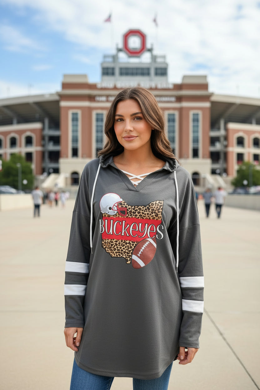 A gray sweatshirt with 'BUCKEYES' text and a football graphic on the front, featuring a hood and stripe details on the sleeves.