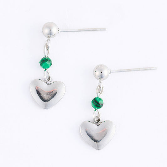 Howard's - Waterproof Earrings Heart Malachite Drop Narelle Silver