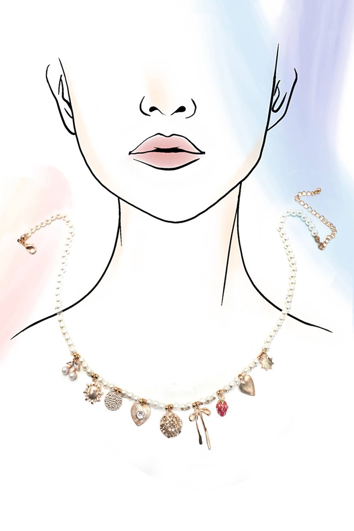 PEARL BEADED BOW STRAWBERRY CHERRY NECKLACE