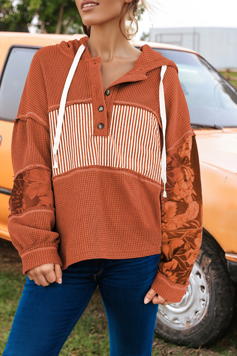 Fashion Waffle Print Patch Drawstring Hooded Long Sleeve Top