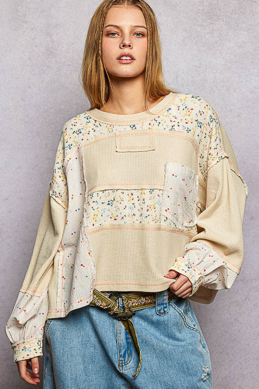 Marbella Long Sleeve Round Neck Floral Stripe Stitch Knit Top Pol Clothing