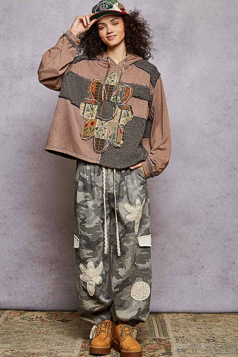 Pol Clothing - Long sleeve French terry printed flower patch knit top