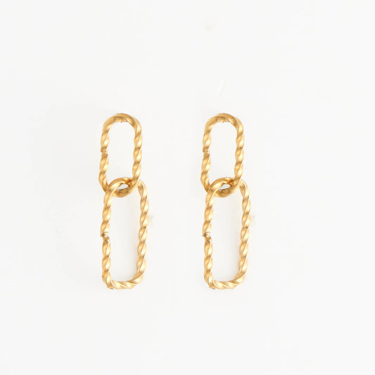 Howard's - Waterproof Earrings 18K Gold Textured Oval Link Dangle Studs