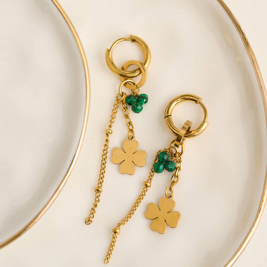 Howard's - Waterproof Earrings Clover Malachite Hoop Narelle Gold