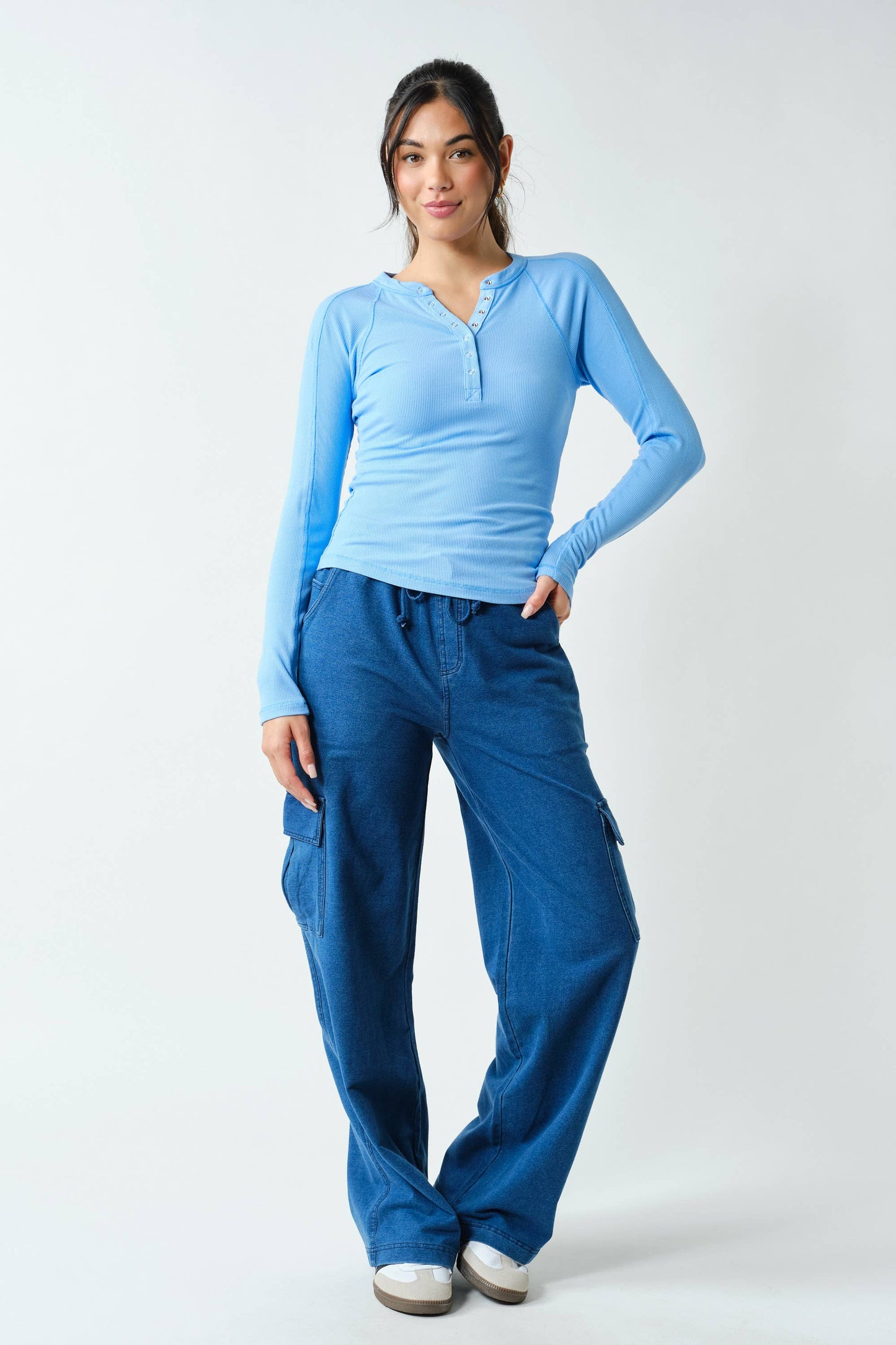 Essential Long-Sleeved Micro-Ribbed Henley Top-Mono B