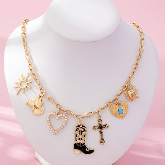 Western Charm Necklace - Boot cross heart