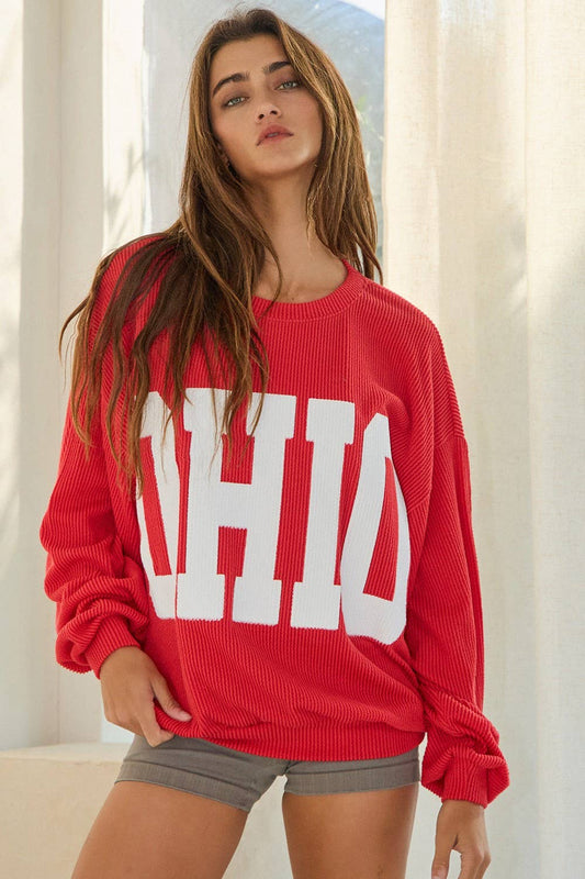 OHIO' Print Ribbed Oversized Graphic Sweatshirt