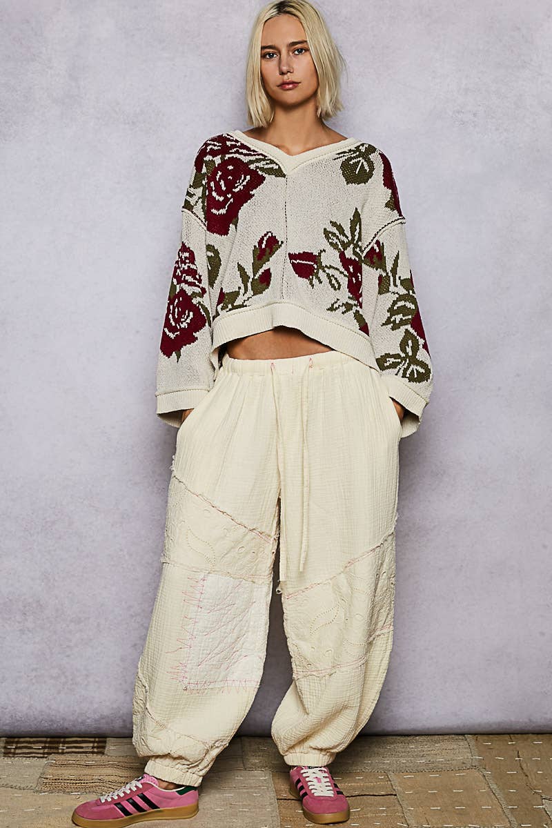 Pol Clothing - Long sleeve contrast floral exposed seam detail sweater top