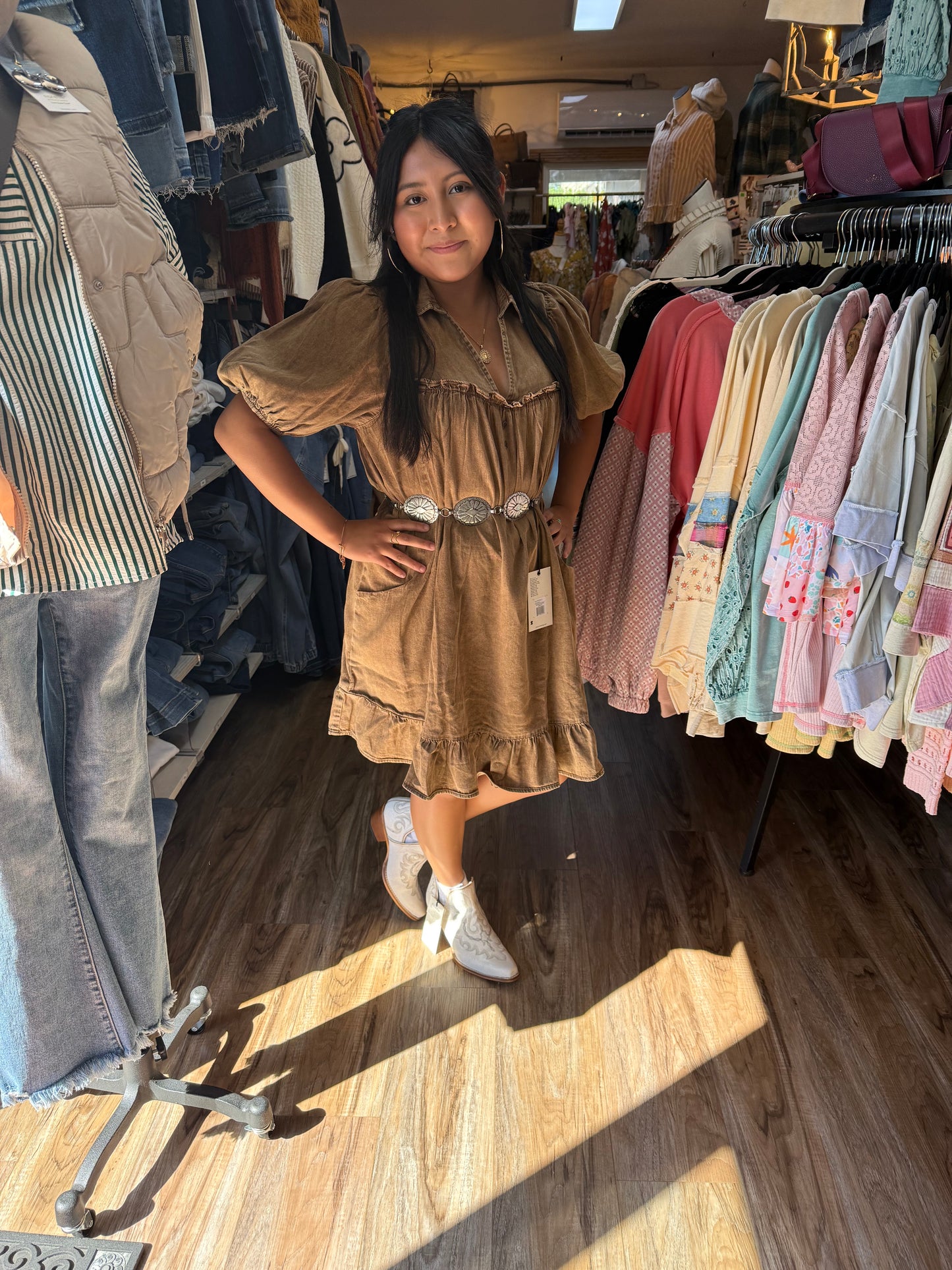 Easel Ruffle Bottom Brown Dress