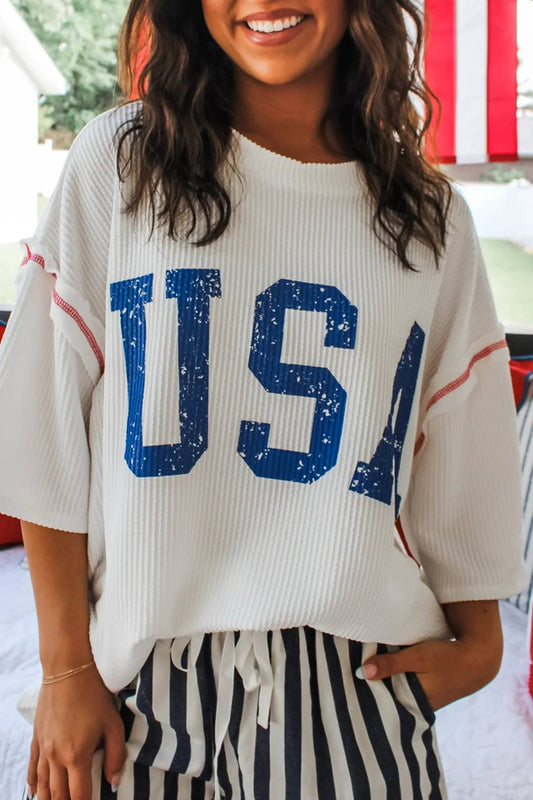 July 4th USA Letter Printed Half Sleeve Loose Ribbed Top