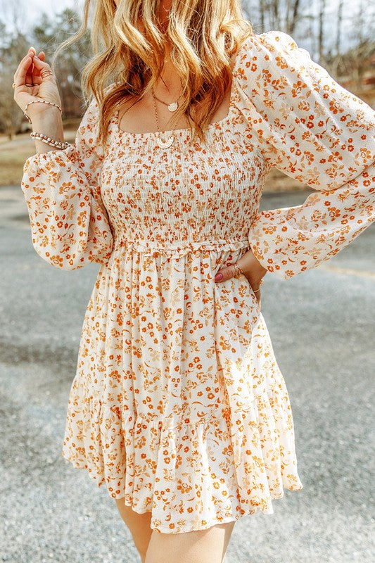 Autumn Apricot Boho Floral Smocked Puff Sleeve Mini Dress XLarge