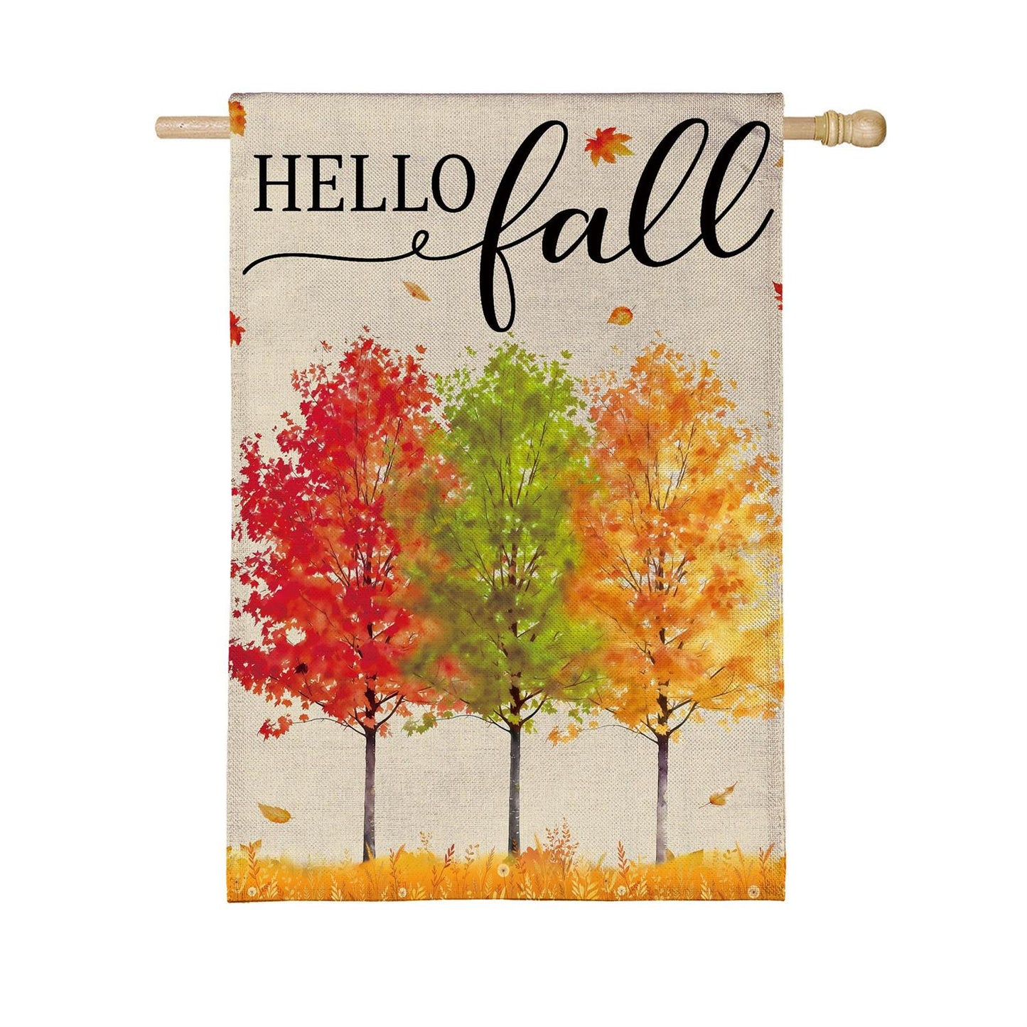 Hello Fall Autumn Trees Burlap Flag