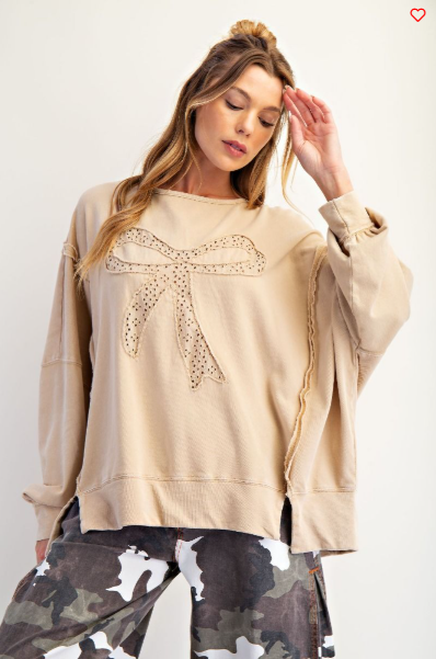 GINA BOW PATCH WASHED TERRY PULLOVER