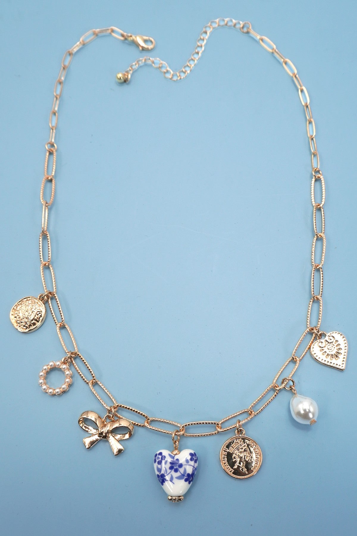 Ceramic Porcelain Bow Heart Charm Link Necklace