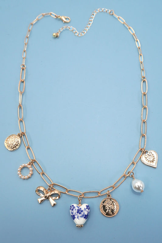 Ceramic Porcelain Bow Heart Charm Link Necklace