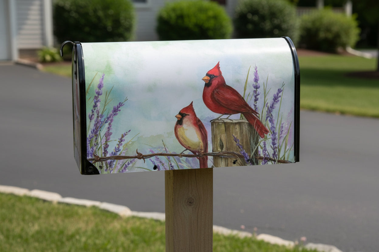 Cardinals on Wire Fence Mailbox Cover