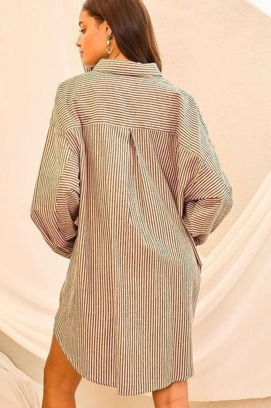 Collar Neck Side Pockets Stripe Print Shirts Dress