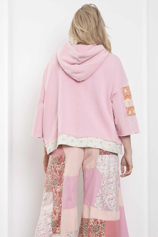 Contrast Patch Work 3/4 Slv Hoodie