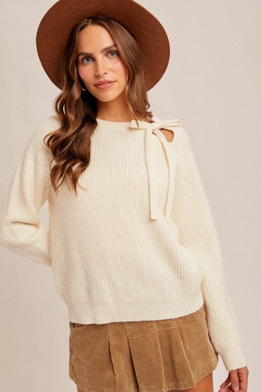 Chamille Cutout Tie Detail Neck Sweater Pullover