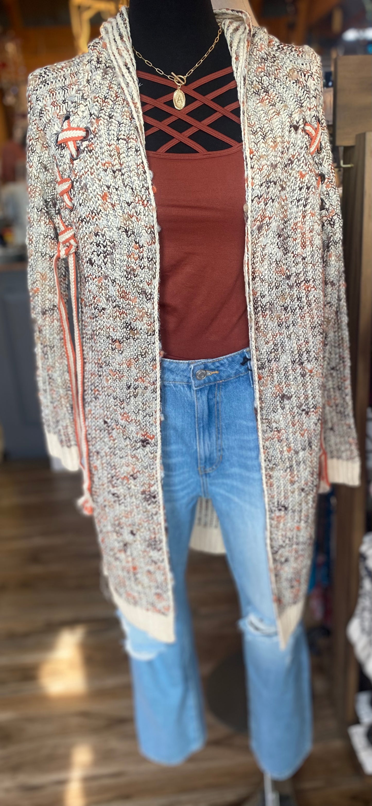 Long Cardigan Laced Shoulder W. Hood