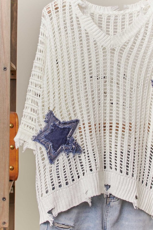 Mello Distressed Star Knit Pullover