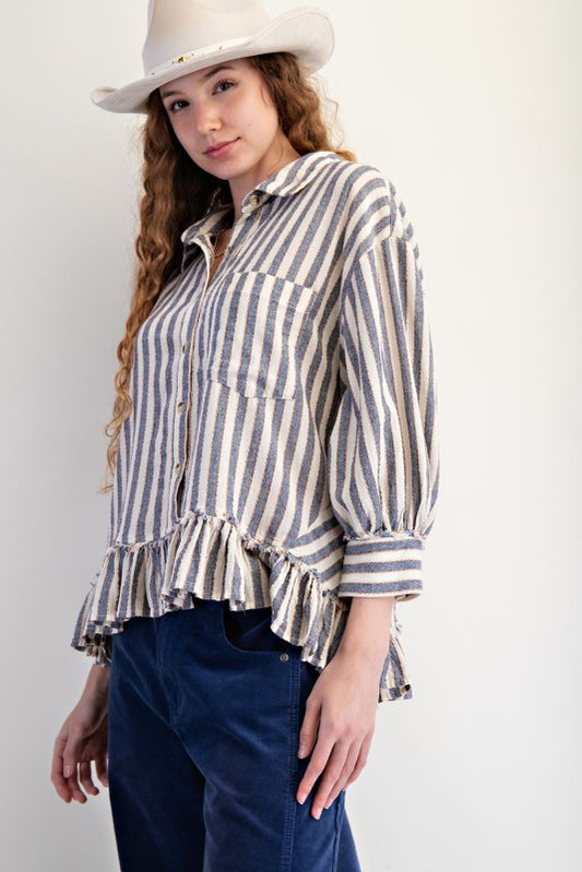 Easel 3/4 Sleeve Striped Linen Button Up Shirt