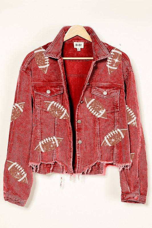 FOOTBALL SEQUIN EMBROIDERY WASHED CORDUROY JACKET