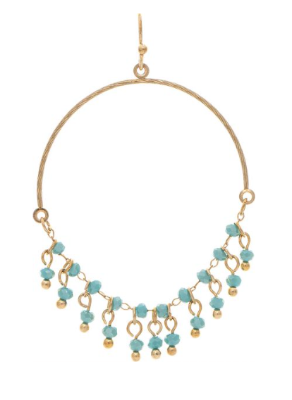 Gold Blue Bead Dangle Half Circle Earring