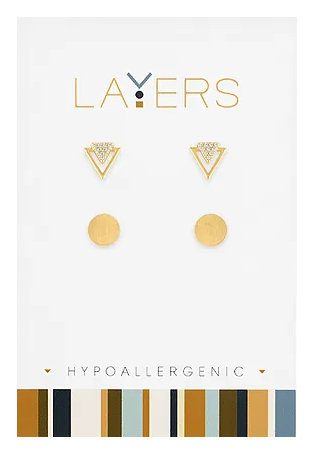 Gold CZ Triangle & Round Double Pair Layers Earrings Lay-Ear 10G