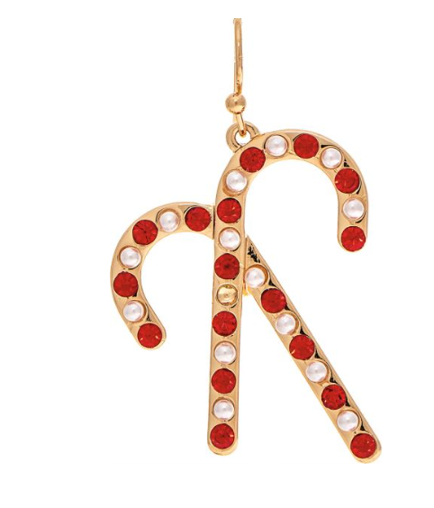 Gold Crystal Pearl Candy Cane Earring