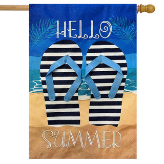 Hello Summer Flip Flops Burlap Flag