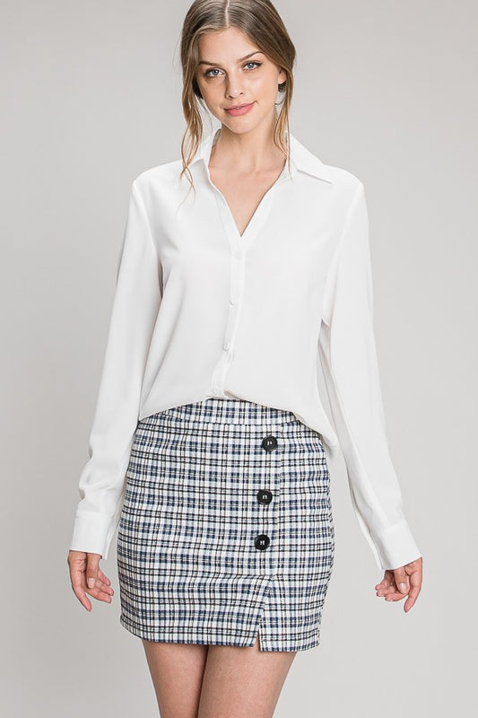 Crepe V-Neck Button Up Dress Shirt