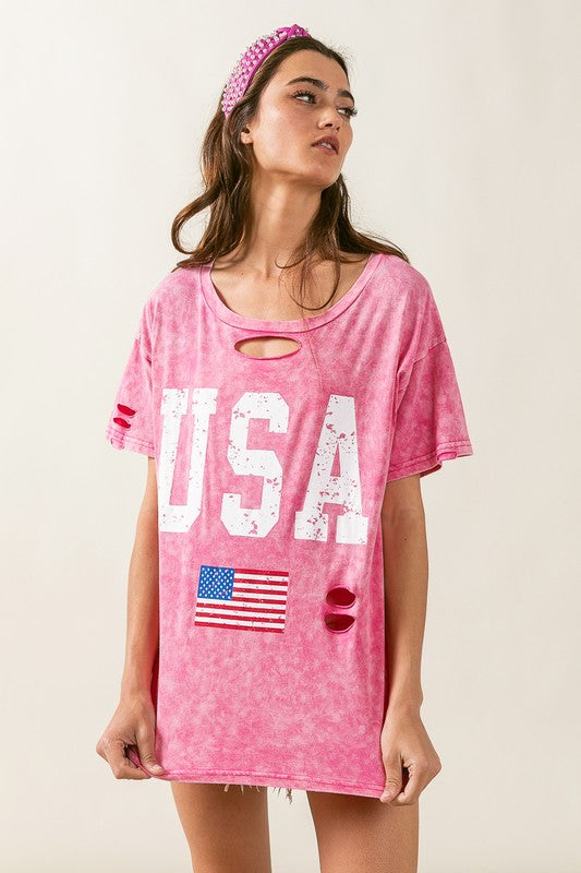 Laser Cut Mineral Washed American Flag Print Top