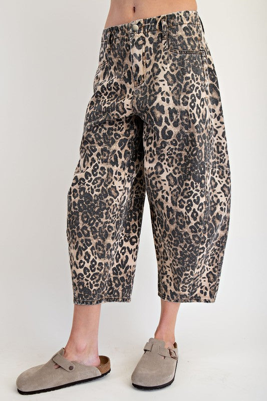 Easel Leopard Print Washed Twill Barrel Pants