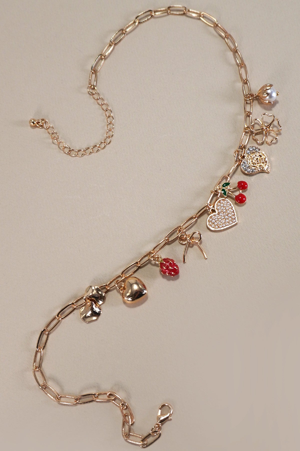 Multi Charm Bow Cherry Heart Necklace
